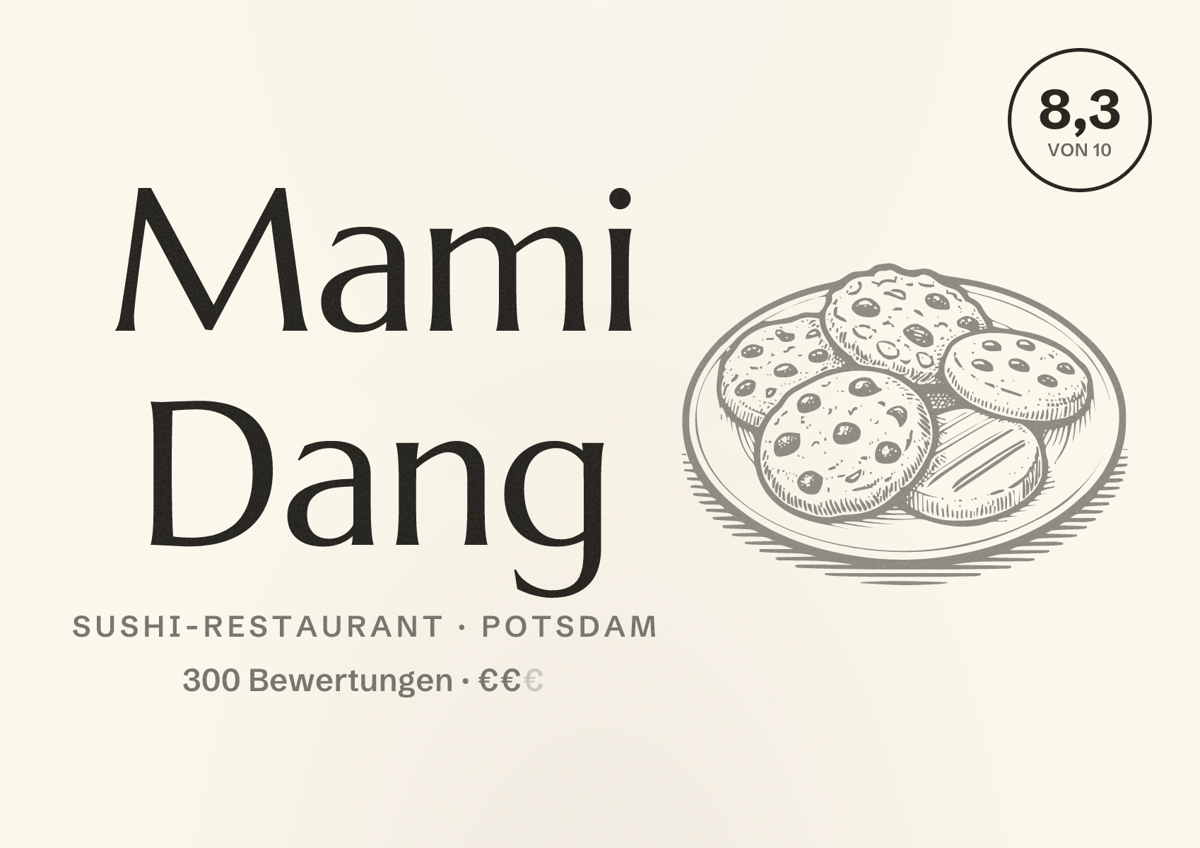 Illustriertes Poster von Mami Dang, Sushi-Restaurant in Potsdam: Bewertung 8,3 von 10 aus 300 Bewertungen, Preisniveau €€