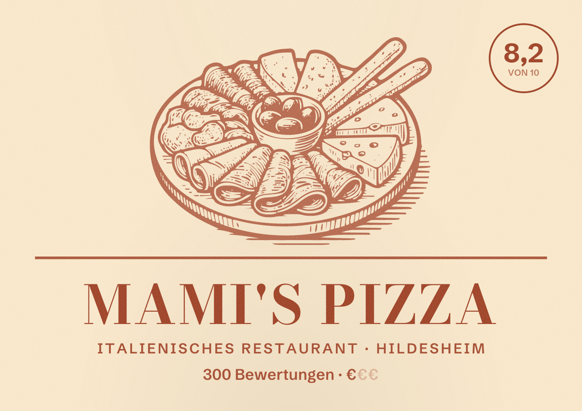 Illustriertes Poster von Mami's Pizza, Italienisches Restaurant in Hildesheim: Bewertung 8,2 von 10 aus 300 Bewertungen, Preisniveau €