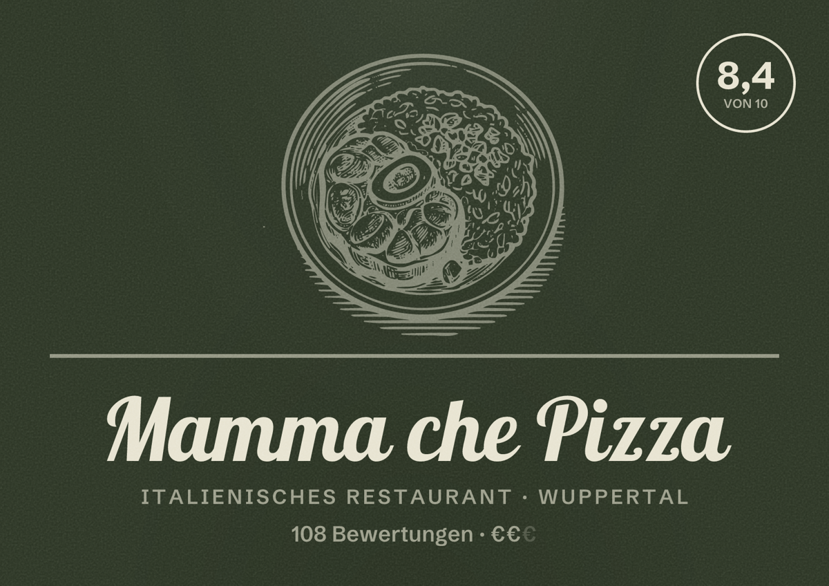 Illustriertes Poster von Mamma che Pizza, Italienisches Restaurant in Wuppertal: Bewertung 8,4 von 10 aus 108 Bewertungen, Preisniveau €€