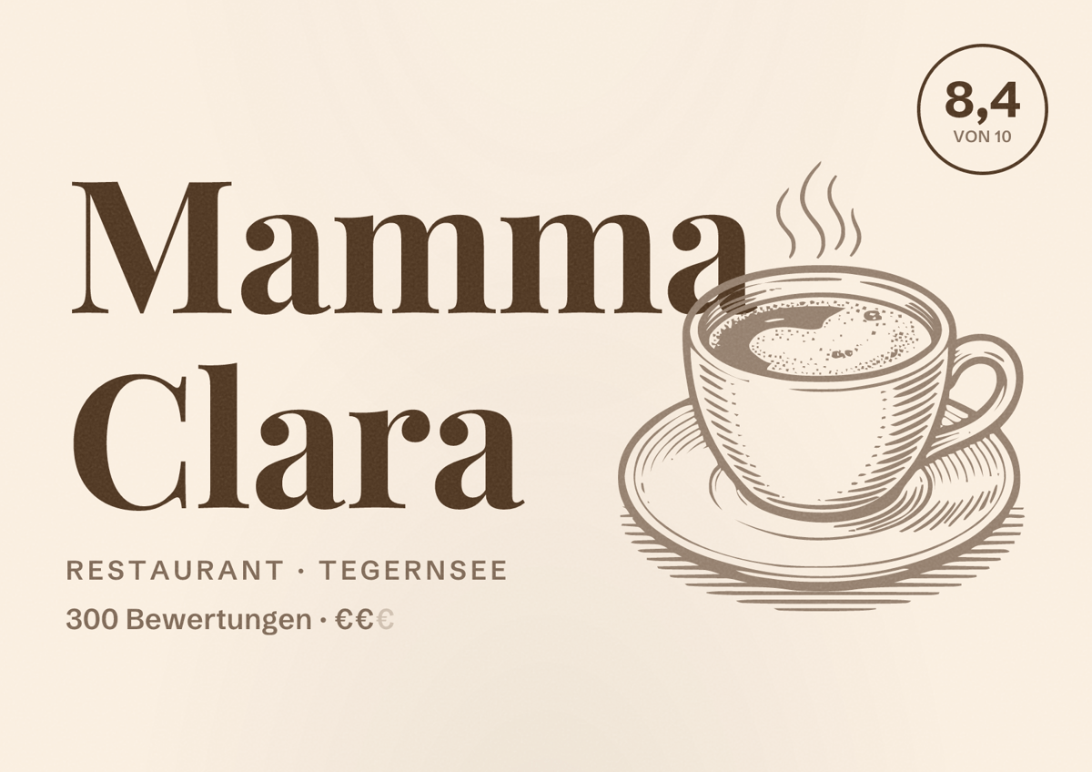 Illustriertes Poster von Mamma Clara, Restaurant in Tegernsee: Bewertung 8,4 von 10 aus 300 Bewertungen, Preisniveau €€