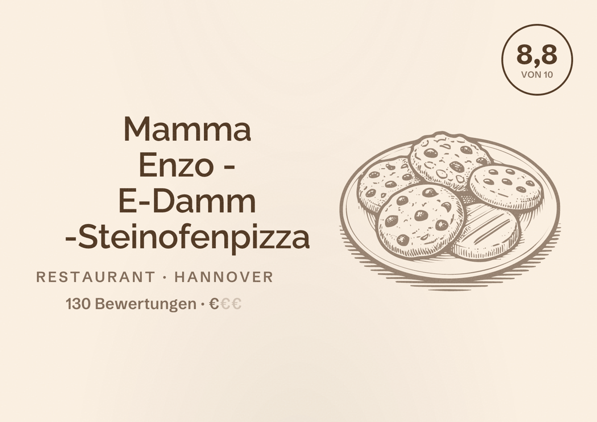 Illustriertes Poster von Mamma Enzo - E-Damm -Steinofenpizza, Restaurant in Hannover: Bewertung 8,8 von 10 aus 130 Bewertungen, Preisniveau €