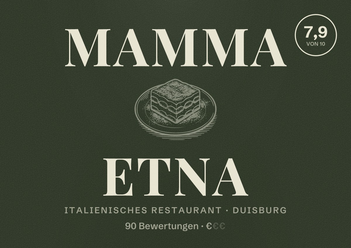 Illustriertes Poster von Mamma Etna, Italienisches Restaurant in Duisburg: Bewertung 7,9 von 10 aus 90 Bewertungen, Preisniveau €