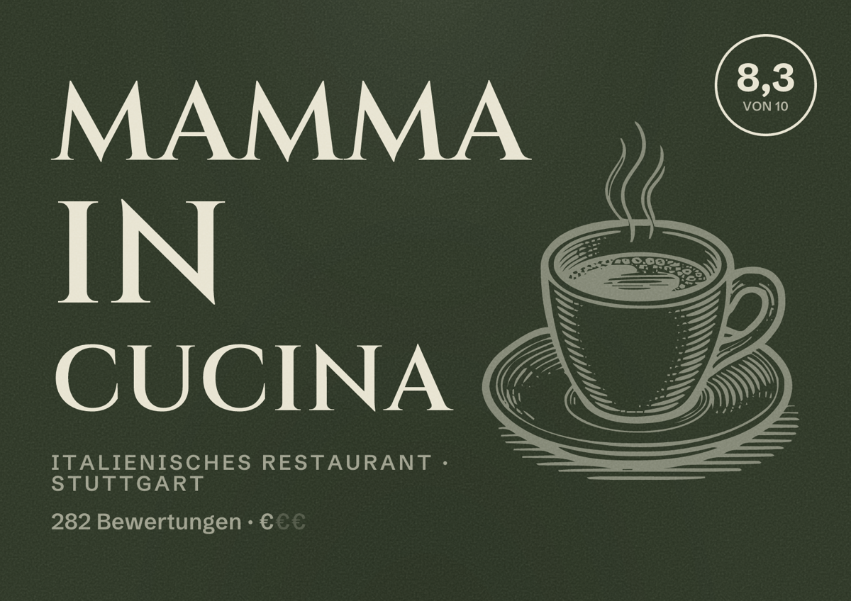 Illustriertes Poster von MAMMA IN CUCINA, Italienisches Restaurant in Stuttgart: Bewertung 8,3 von 10 aus 282 Bewertungen, Preisniveau €