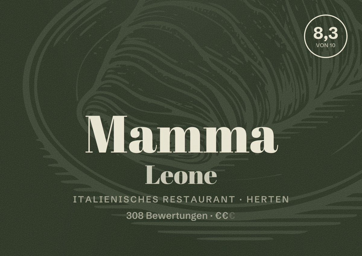 Illustriertes Poster von Mamma Leone, Italienisches Restaurant in Herten: Bewertung 8,3 von 10 aus 308 Bewertungen, Preisniveau €€