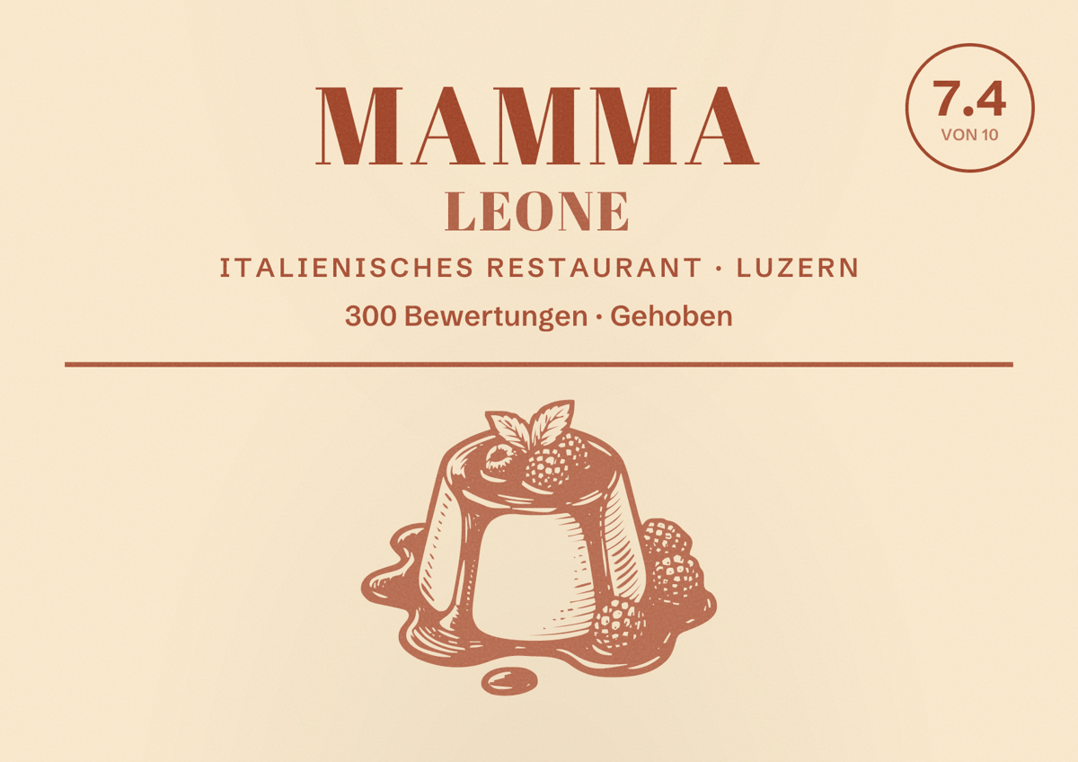Illustriertes Poster von Mamma Leone, Italienisches Restaurant in Luzern: Bewertung 7.4 von 10 aus 300 Bewertungen, Preisniveau Gehoben