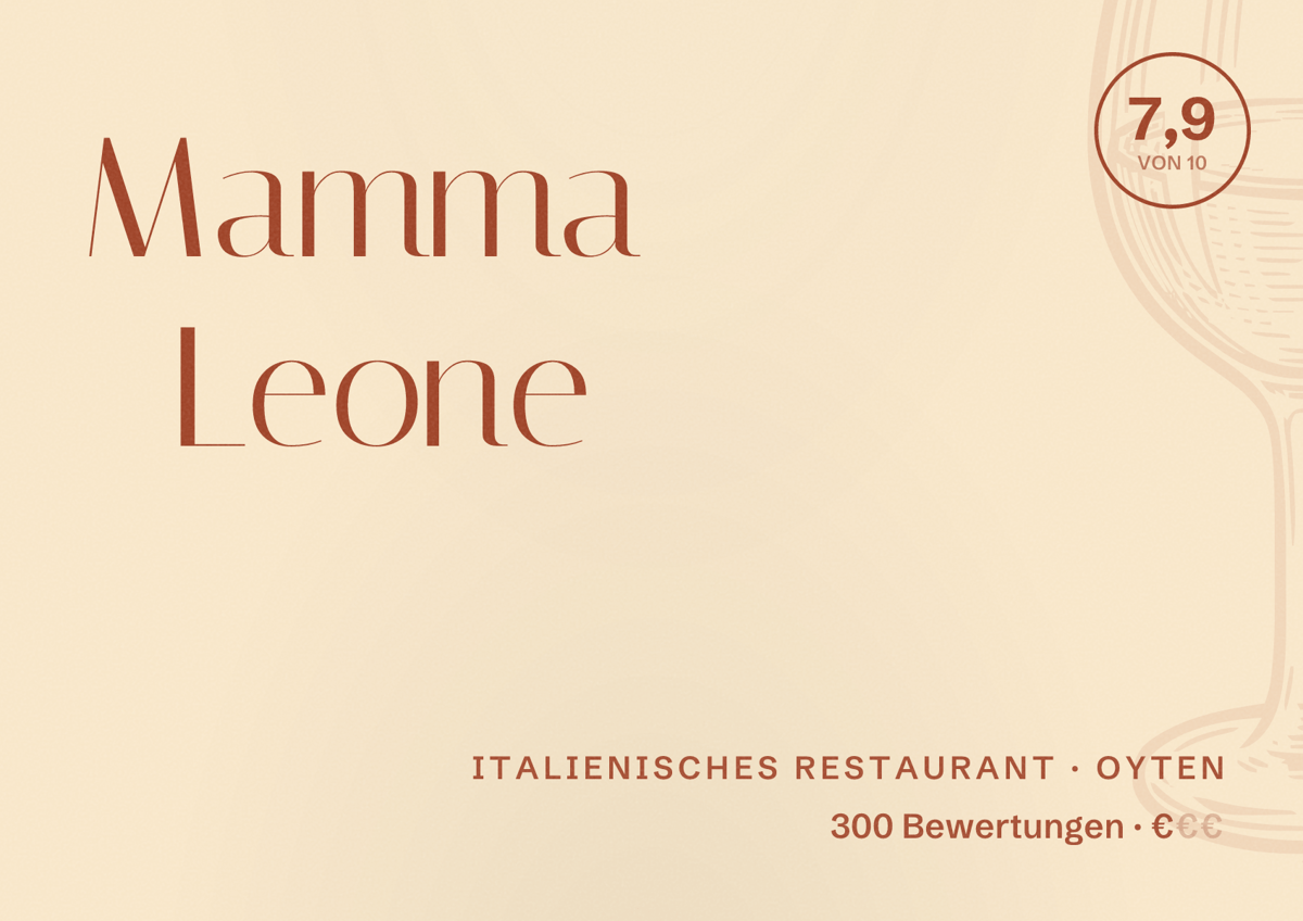 Illustriertes Poster von Mamma Leone, Italienisches Restaurant in Oyten: Bewertung 7,9 von 10 aus 300 Bewertungen, Preisniveau €