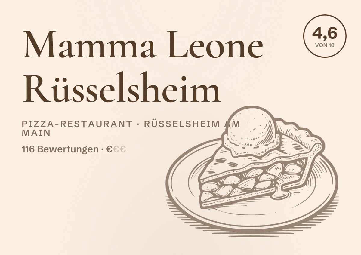 Illustriertes Poster von Mamma Leone Rüsselsheim, Pizza-Restaurant in Rüsselsheim am Main: Bewertung 4,6 von 10 aus 116 Bewertungen, Preisniveau €