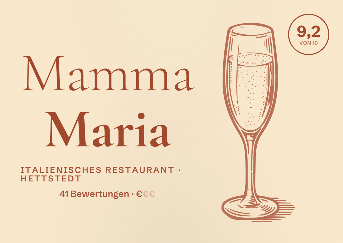 Illustriertes Poster von Mamma Maria, Italienisches Restaurant in Hettstedt: Bewertung 9,2 von 10 aus 41 Bewertungen, Preisniveau €