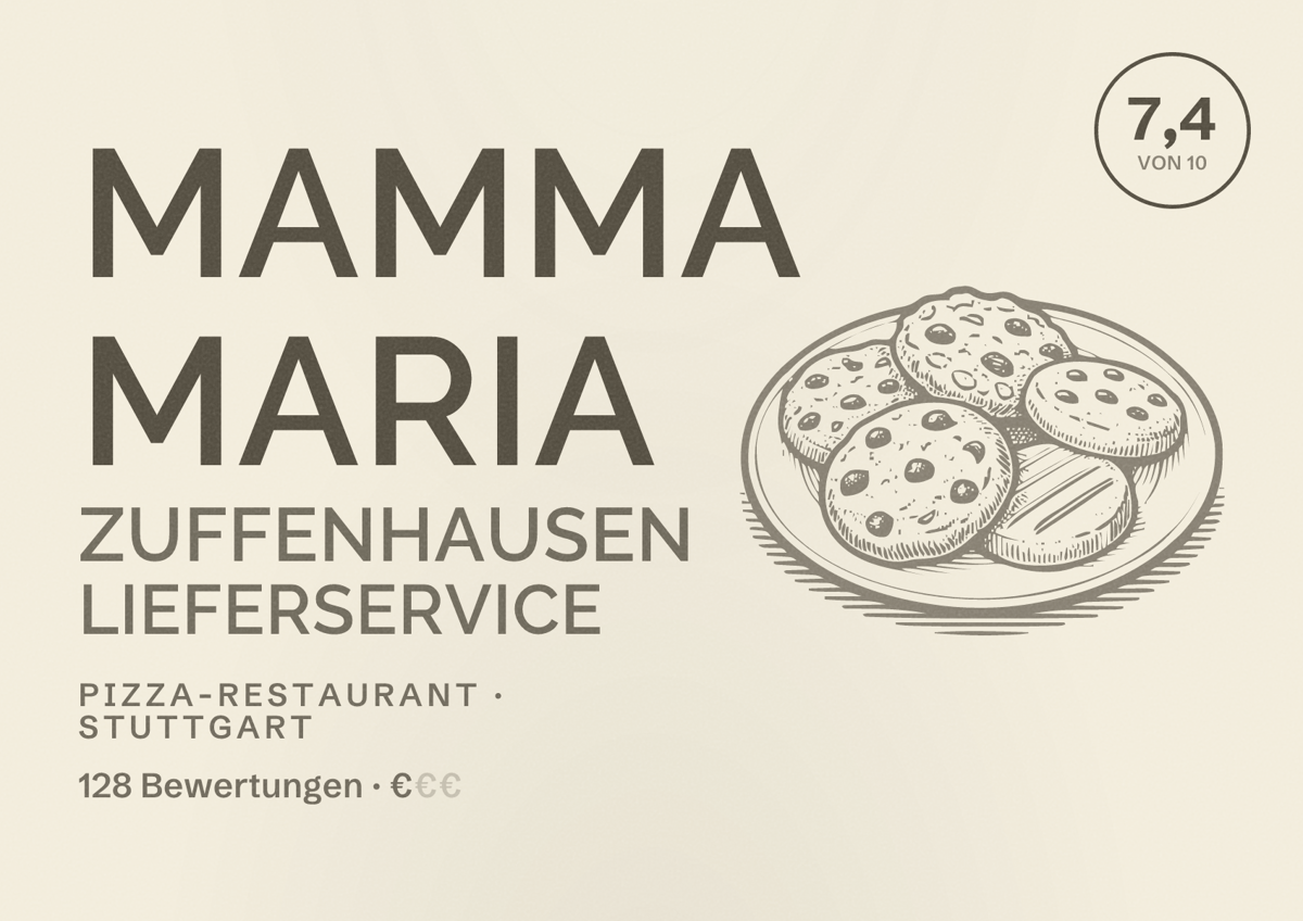 Illustriertes Poster von Mamma Maria Zuffenhausen lieferservice, Pizza-Restaurant in Stuttgart: Bewertung 7,4 von 10 aus 128 Bewertungen, Preisniveau €