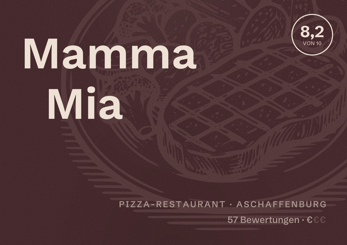 Illustriertes Poster von Mamma Mia, Pizza-Restaurant in Aschaffenburg: Bewertung 8,2 von 10 aus 57 Bewertungen, Preisniveau €