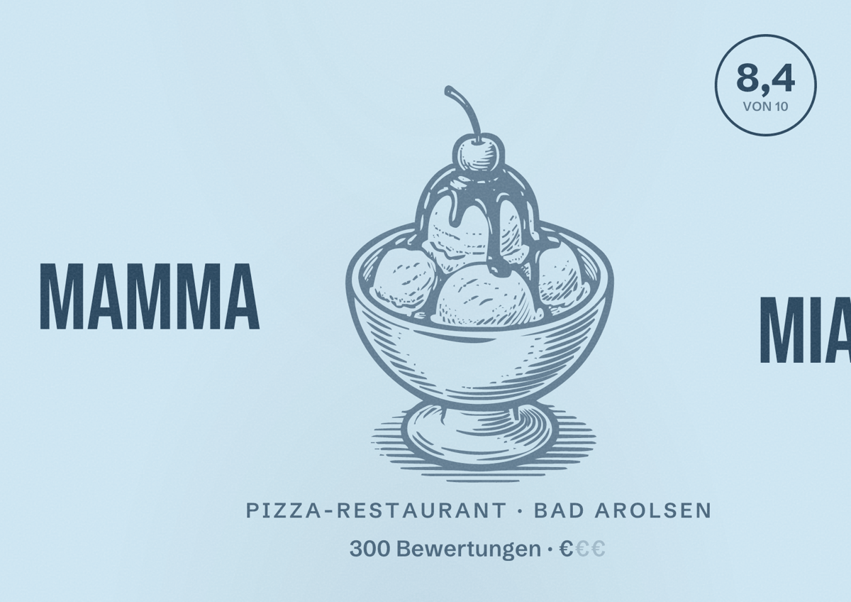 Illustriertes Poster von Mamma Mia, Pizza-Restaurant in Bad Arolsen: Bewertung 8,4 von 10 aus 300 Bewertungen, Preisniveau €