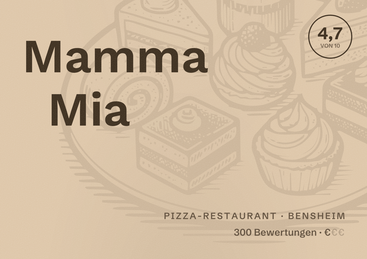 Illustriertes Poster von Mamma Mia, Pizza-Restaurant in Bensheim: Bewertung 4,7 von 10 aus 300 Bewertungen, Preisniveau €