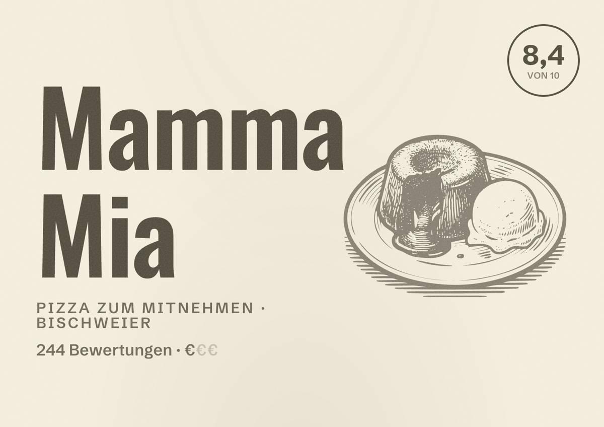 Illustriertes Poster von Mamma Mia, Pizza zum Mitnehmen in Bischweier: Bewertung 8,4 von 10 aus 244 Bewertungen, Preisniveau €
