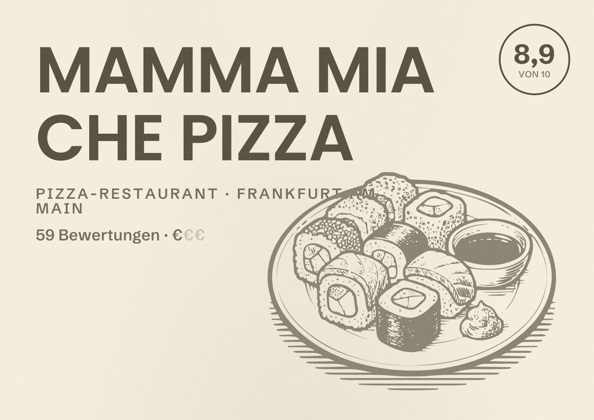 Illustriertes Poster von MAMMA MIA CHE PIZZA, Pizza-Restaurant in Frankfurt am Main: Bewertung 8,9 von 10 aus 59 Bewertungen, Preisniveau €