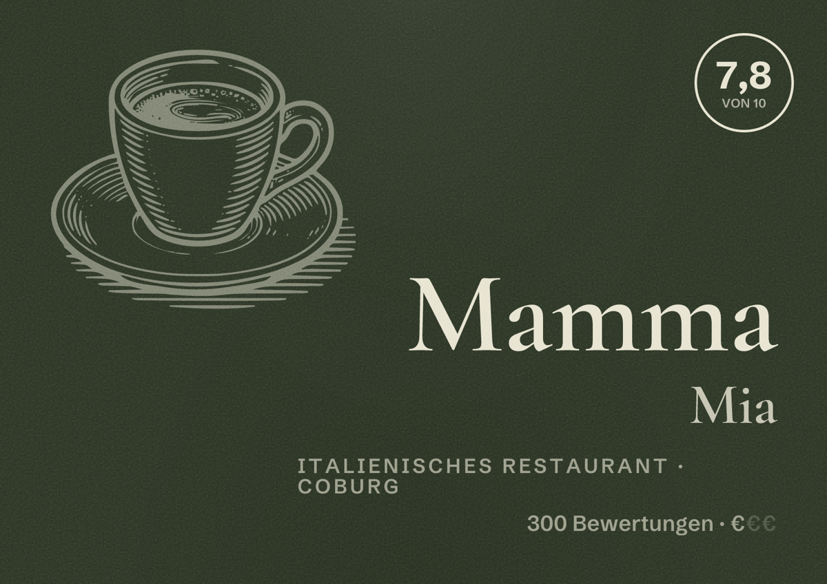 Illustriertes Poster von Mamma Mia, Italienisches Restaurant in Coburg: Bewertung 7,8 von 10 aus 300 Bewertungen, Preisniveau €