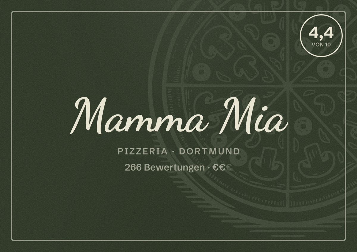 Illustriertes Poster von Mamma Mia, Pizzeria in Dortmund: Bewertung 4,4 von 10 aus 266 Bewertungen, Preisniveau €€