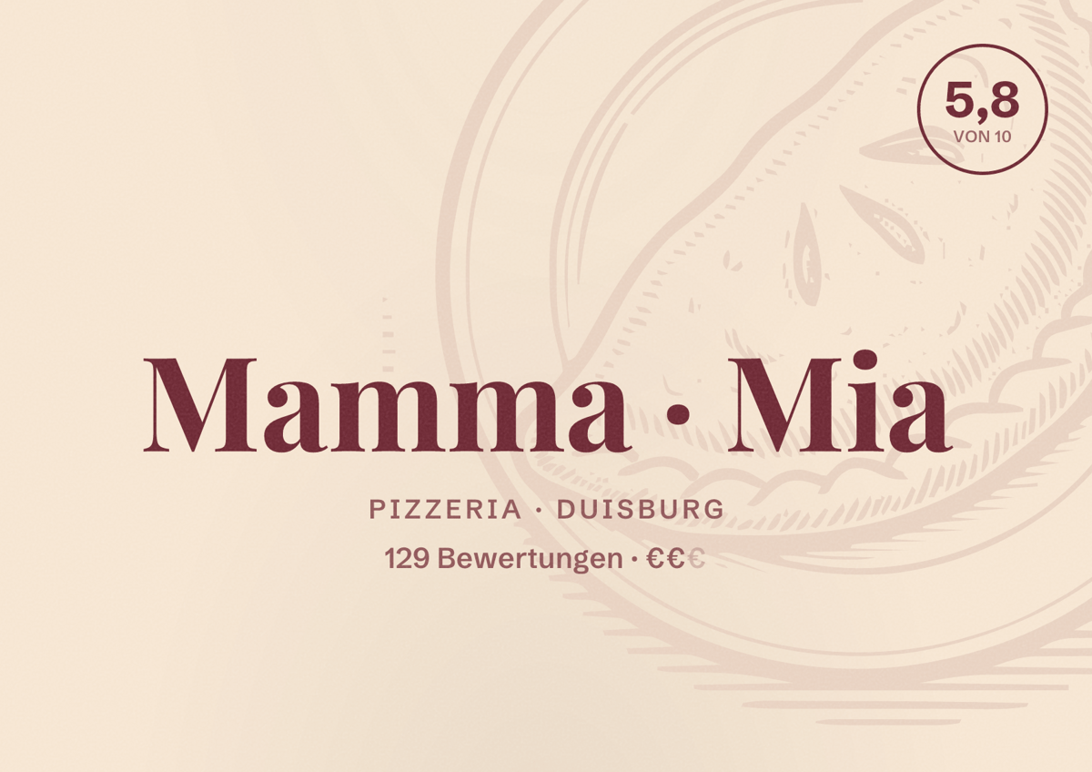 Illustriertes Poster von Mamma Mia, Pizzeria in Duisburg: Bewertung 5,8 von 10 aus 129 Bewertungen, Preisniveau €€