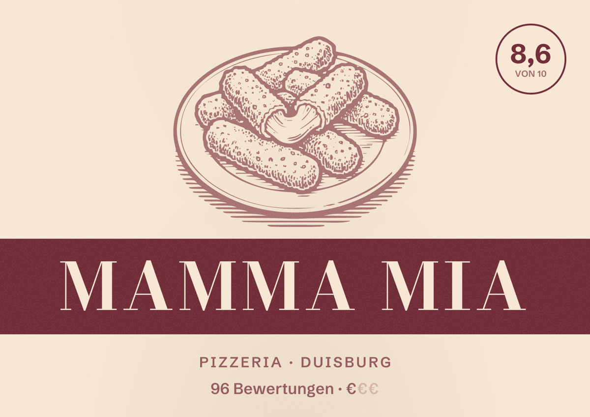 Illustriertes Poster von Mamma Mia, Pizzeria in Duisburg: Bewertung 8,6 von 10 aus 96 Bewertungen, Preisniveau €