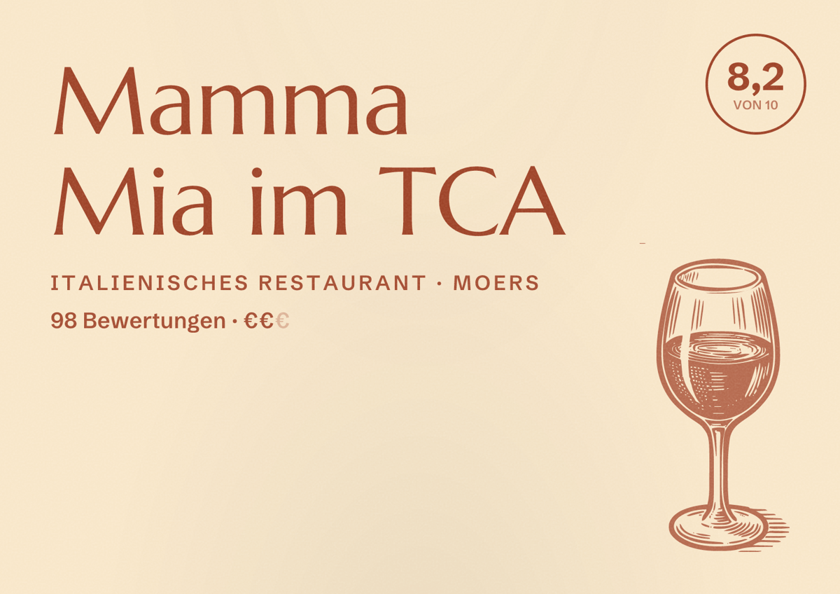 Illustriertes Poster von Mamma Mia im TCA, Italienisches Restaurant in Moers: Bewertung 8,2 von 10 aus 98 Bewertungen, Preisniveau €€