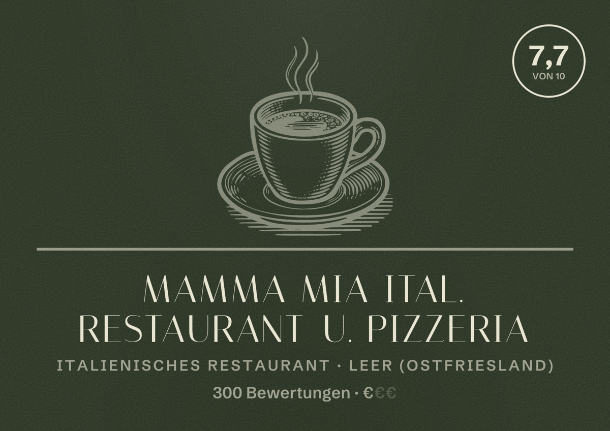 Illustriertes Poster von Mamma Mia Ital. Restaurant u. Pizzeria, Italienisches Restaurant in Leer (Ostfriesland): Bewertung 7,7 von 10 aus 300 Bewertungen, Preisniveau €