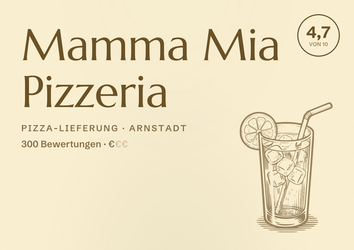Illustriertes Poster von Mamma Mia Pizzeria, Pizza-Lieferung in Arnstadt: Bewertung 4,7 von 10 aus 300 Bewertungen, Preisniveau €