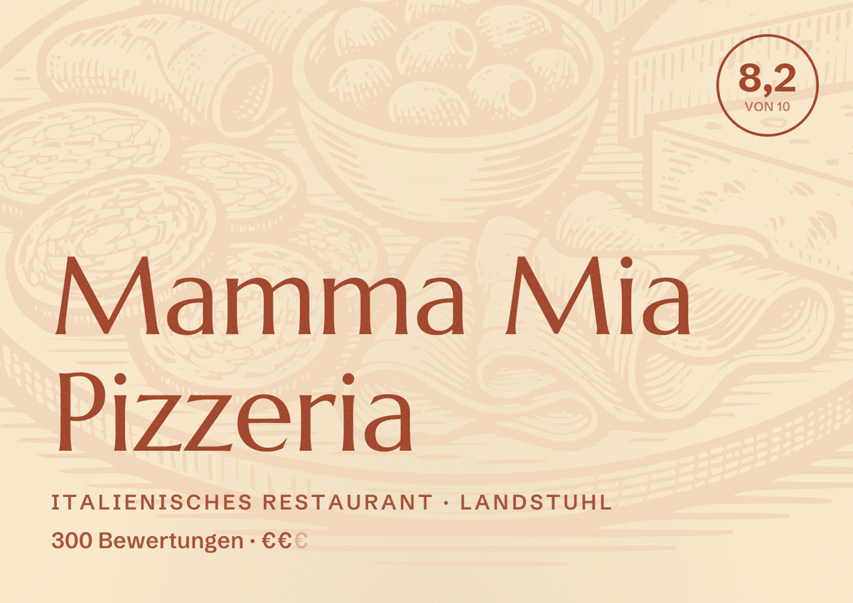 Illustriertes Poster von Mamma Mia Pizzeria, Italienisches Restaurant in Landstuhl: Bewertung 8,2 von 10 aus 300 Bewertungen, Preisniveau €€