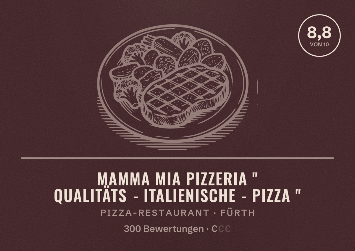 Illustriertes Poster von Mamma Mia Pizzeria " Qualitäts - Italienische - Pizza ", Pizza-Restaurant in Fürth: Bewertung 8,8 von 10 aus 300 Bewertungen, Preisniveau €