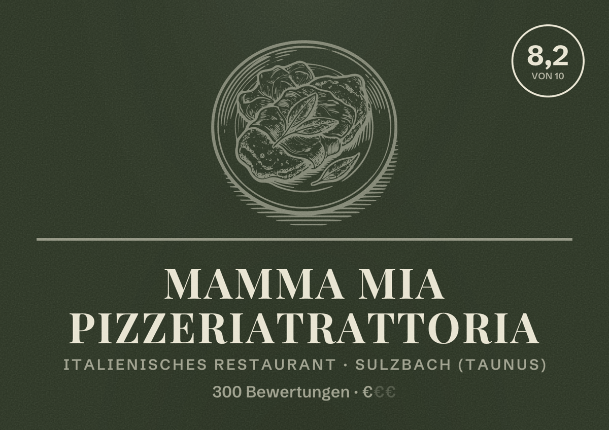 Illustriertes Poster von Mamma Mia PizzeriaTrattoria, Italienisches Restaurant in Sulzbach (Taunus): Bewertung 8,2 von 10 aus 300 Bewertungen, Preisniveau €