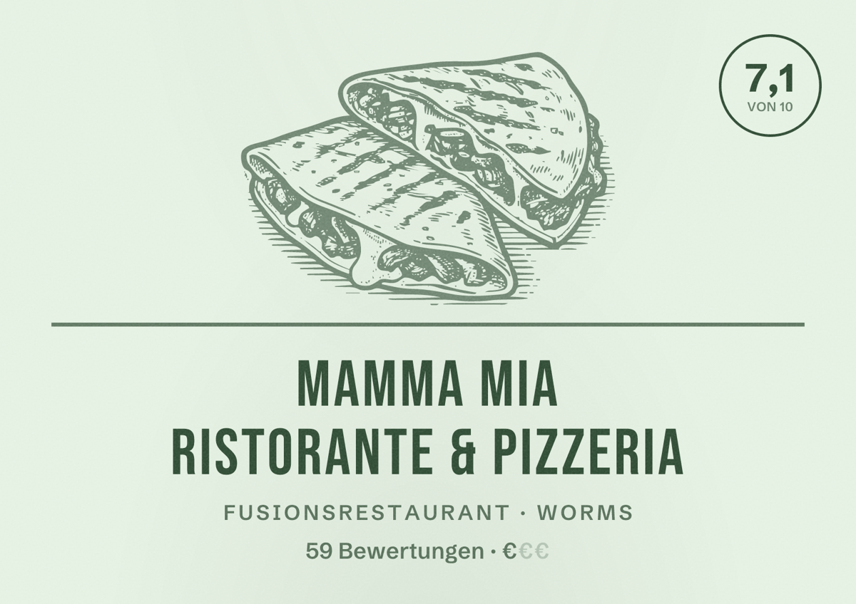 Illustriertes Poster von Mamma Mia Ristorante & Pizzeria, Fusionsrestaurant in Worms: Bewertung 7,1 von 10 aus 59 Bewertungen, Preisniveau €