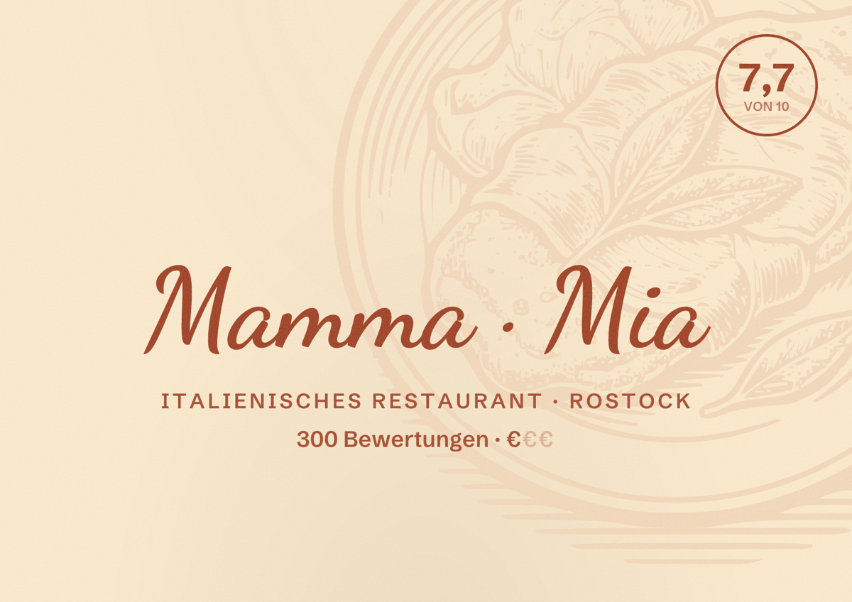 Illustriertes Poster von Mamma Mia, Italienisches Restaurant in Rostock: Bewertung 7,7 von 10 aus 300 Bewertungen, Preisniveau €
