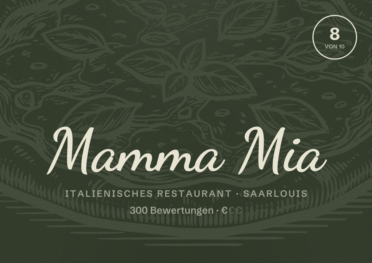 Illustriertes Poster von Mamma Mia, Italienisches Restaurant in Saarlouis: Bewertung 8 von 10 aus 300 Bewertungen, Preisniveau €