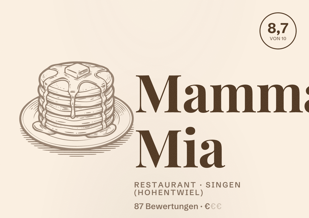 Illustriertes Poster von Mamma Mia, Restaurant in Singen (Hohentwiel): Bewertung 8,7 von 10 aus 87 Bewertungen, Preisniveau €