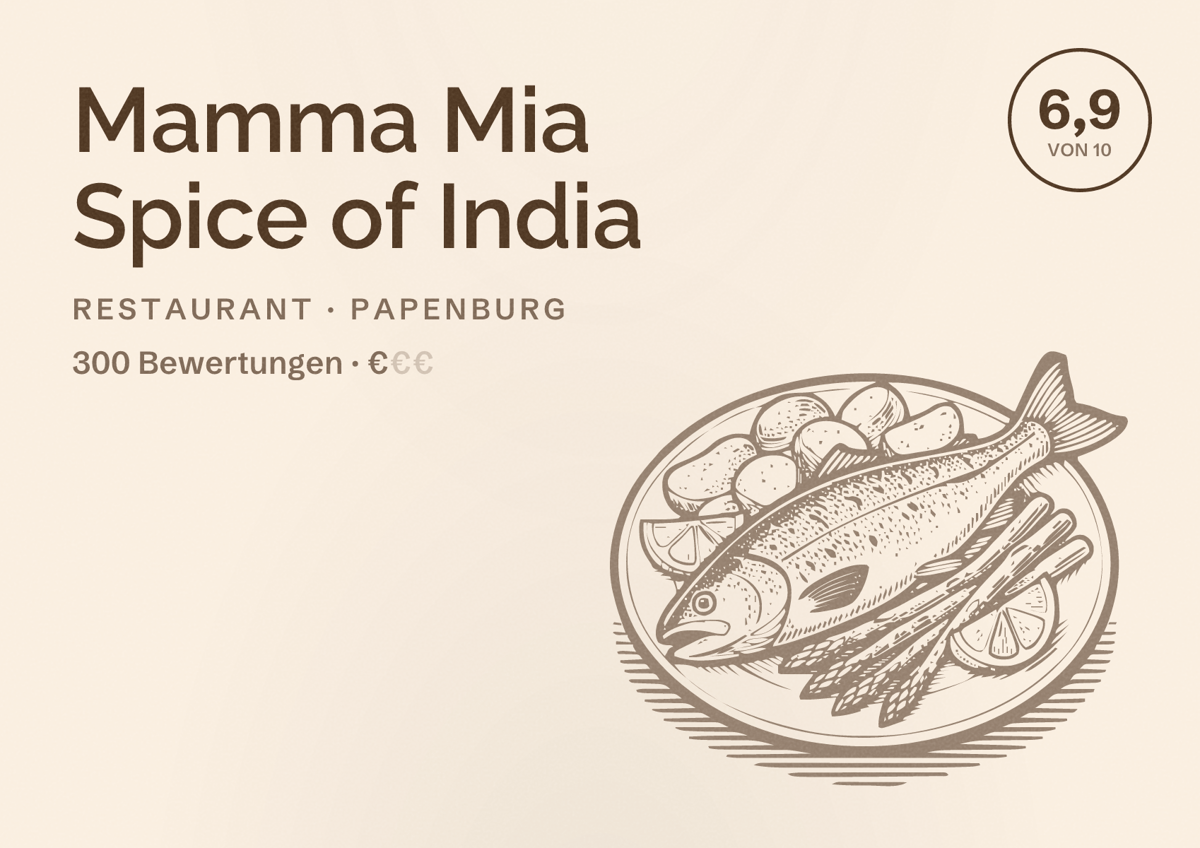 Illustriertes Poster von Mamma Mia Spice of India, Restaurant in Papenburg: Bewertung 6,9 von 10 aus 300 Bewertungen, Preisniveau €