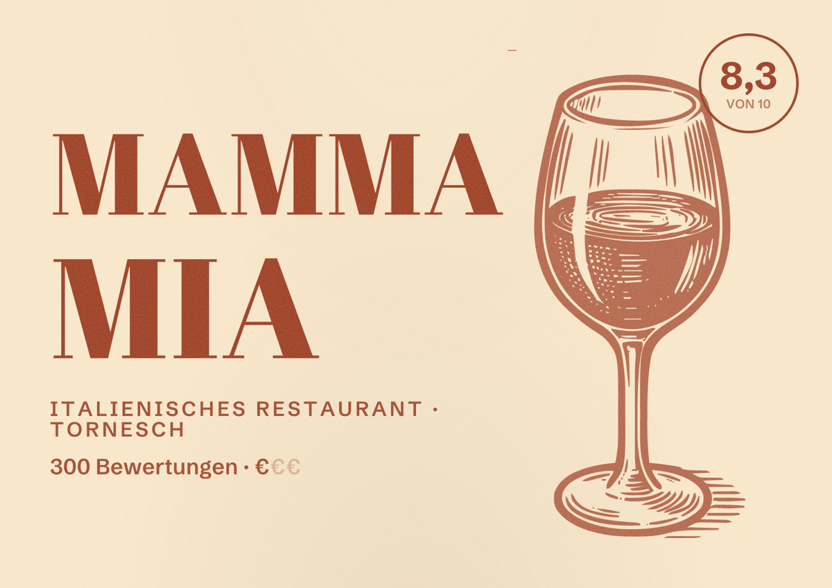 Illustriertes Poster von Mamma Mia, Italienisches Restaurant in Tornesch: Bewertung 8,3 von 10 aus 300 Bewertungen, Preisniveau €