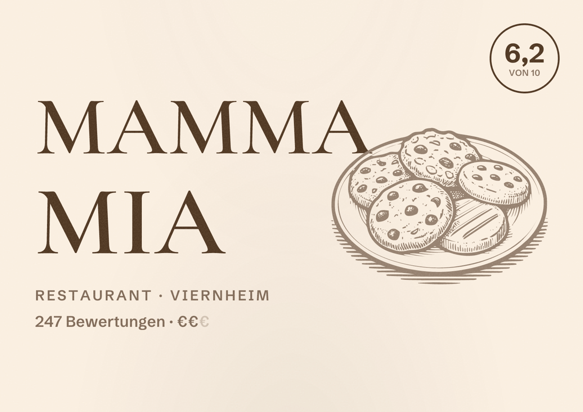 Illustriertes Poster von Mamma Mia, Restaurant in Viernheim: Bewertung 6,2 von 10 aus 247 Bewertungen, Preisniveau €€