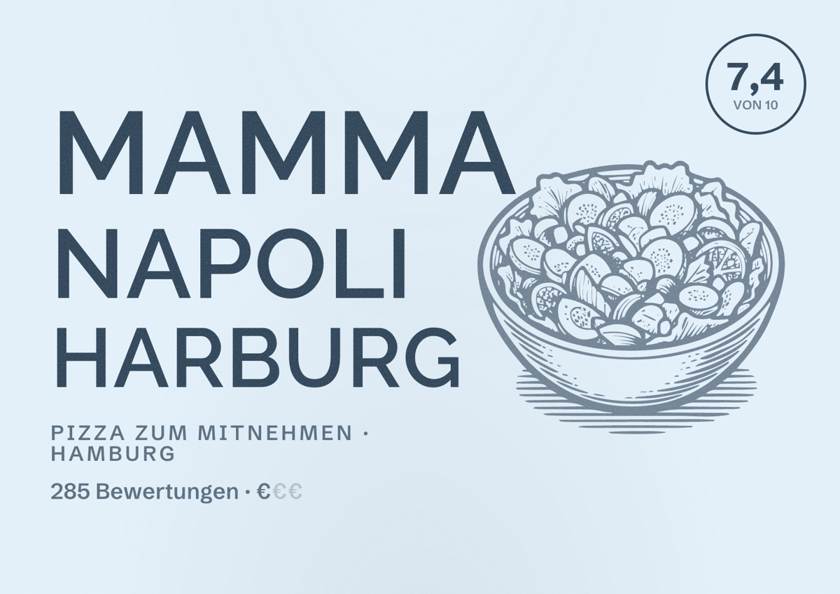 Illustriertes Poster von Mamma Napoli Harburg, Pizza zum Mitnehmen in Hamburg: Bewertung 7,4 von 10 aus 285 Bewertungen, Preisniveau €