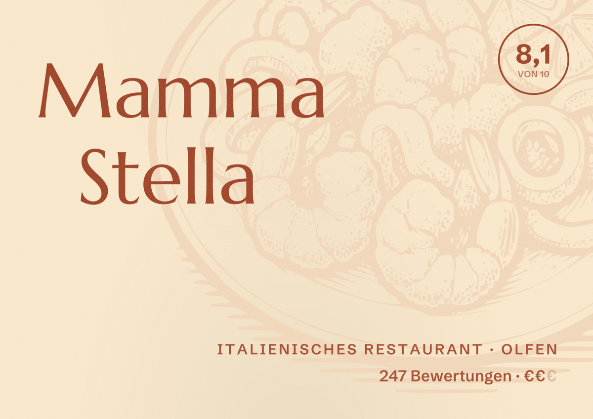 Illustriertes Poster von Mamma Stella, Italienisches Restaurant in Olfen: Bewertung 8,1 von 10 aus 247 Bewertungen, Preisniveau €€