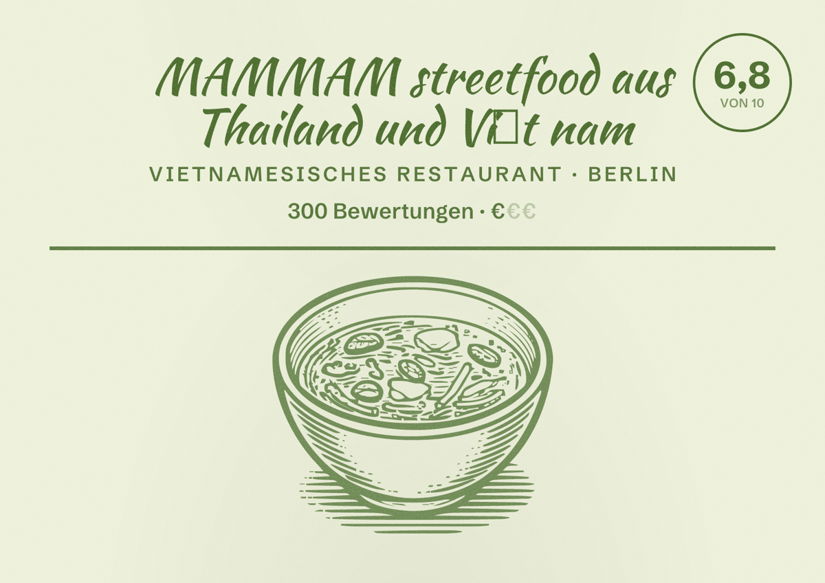 Illustriertes Poster von MAMMAM streetfood aus Thailand und Việt nam, Vietnamesisches Restaurant in Berlin: Bewertung 6,8 von 10 aus 300 Bewertungen, Preisniveau €