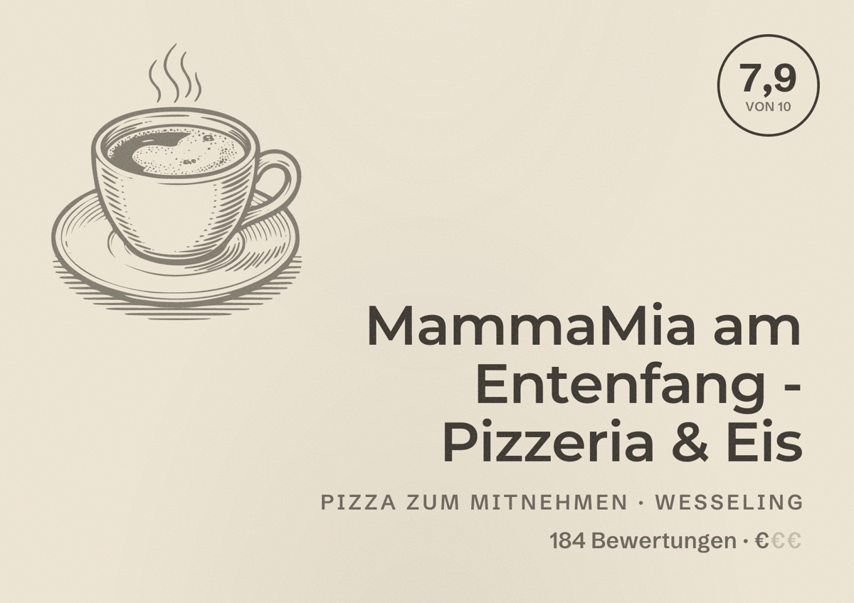 Illustriertes Poster von MammaMia am Entenfang - Pizzeria & Eis, Pizza zum Mitnehmen in Wesseling: Bewertung 7,9 von 10 aus 184 Bewertungen, Preisniveau €