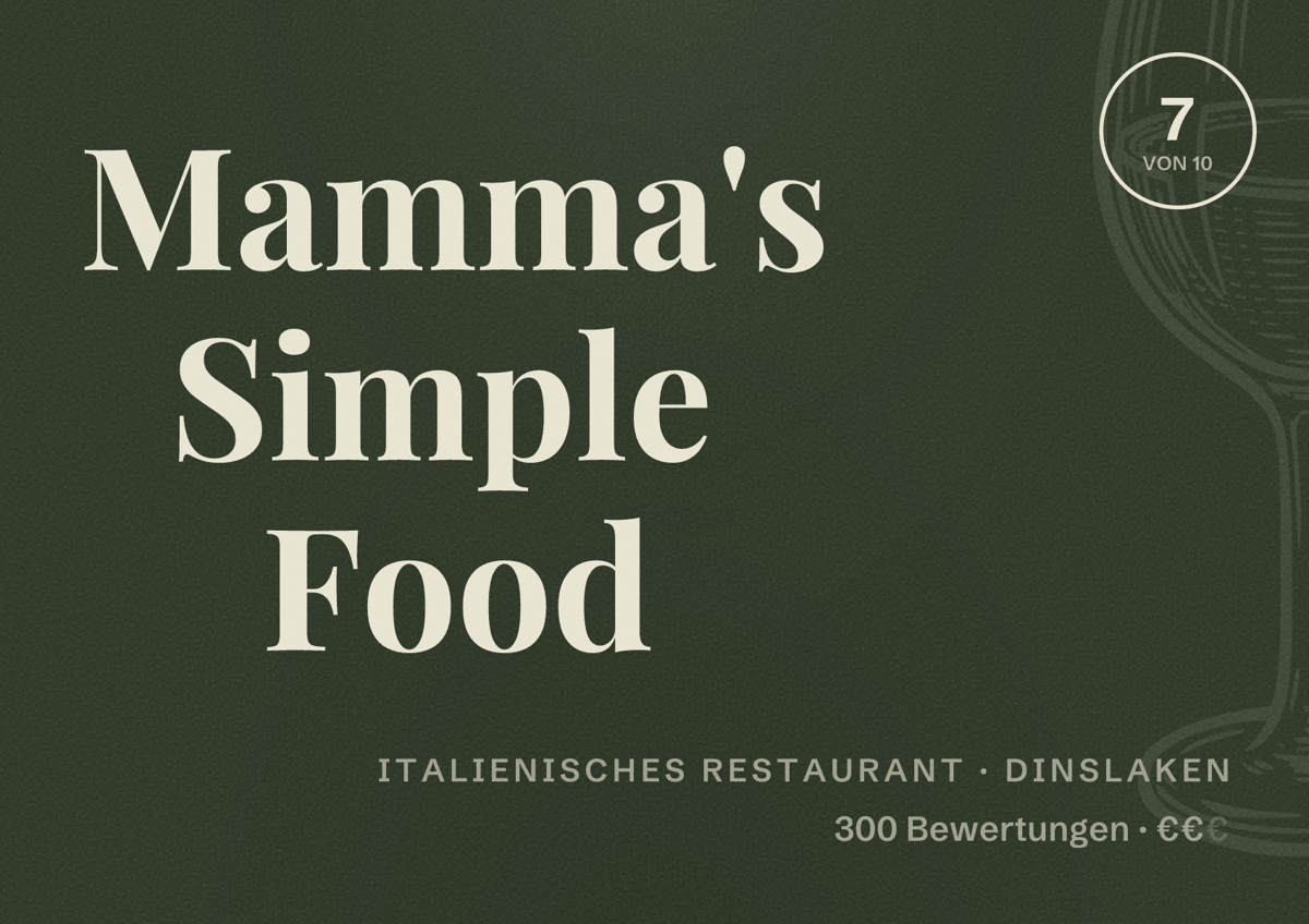 Illustriertes Poster von Mamma's Simple Food, Italienisches Restaurant in Dinslaken: Bewertung 7 von 10 aus 300 Bewertungen, Preisniveau €€