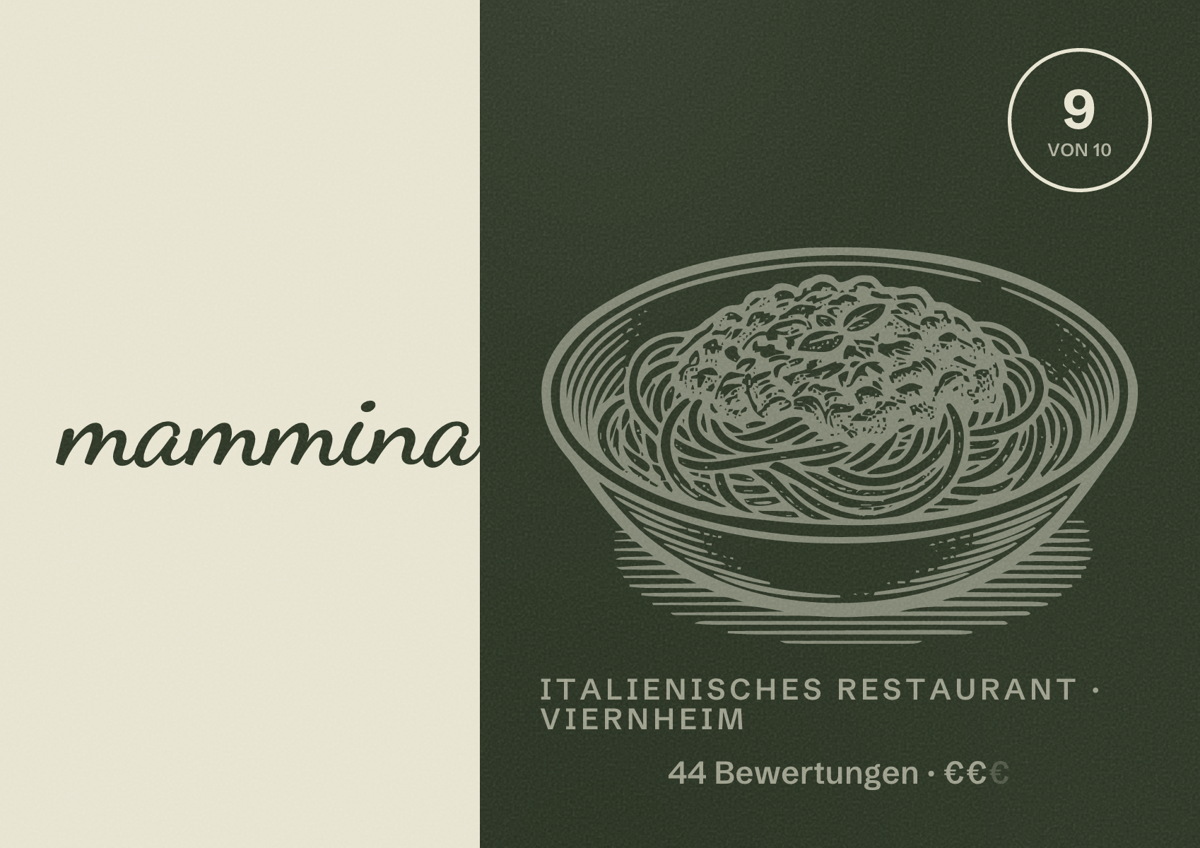 Illustriertes Poster von mammina, Italienisches Restaurant in Viernheim: Bewertung 9 von 10 aus 44 Bewertungen, Preisniveau €€