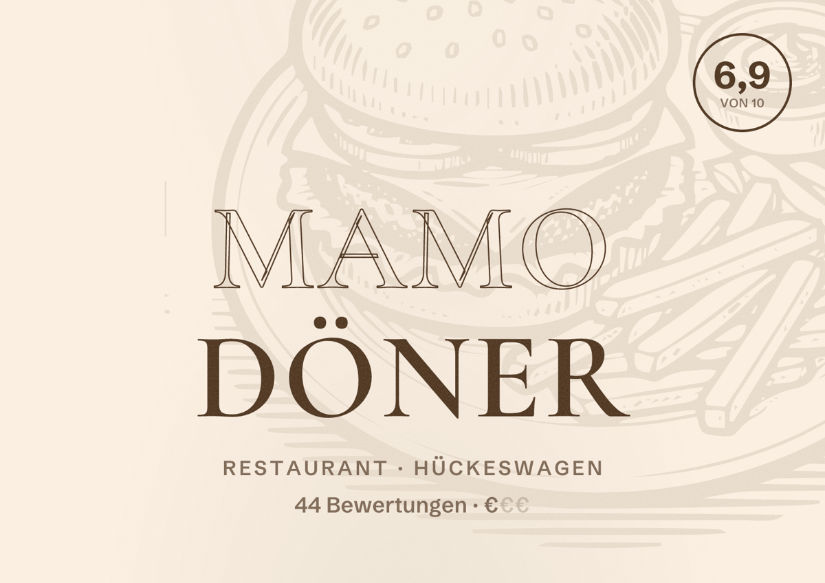 Illustriertes Poster von Mamo Döner, Restaurant in Hückeswagen: Bewertung 6,9 von 10 aus 44 Bewertungen, Preisniveau €