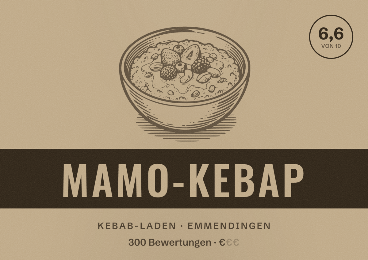Illustriertes Poster von Mamo-Kebap, Kebab-Laden in Emmendingen: Bewertung 6,6 von 10 aus 300 Bewertungen, Preisniveau €