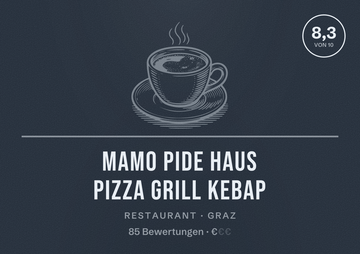 Illustriertes Poster von MAMO Pide Haus Pizza Grill Kebap, Restaurant in Graz: Bewertung 8,3 von 10 aus 85 Bewertungen, Preisniveau €