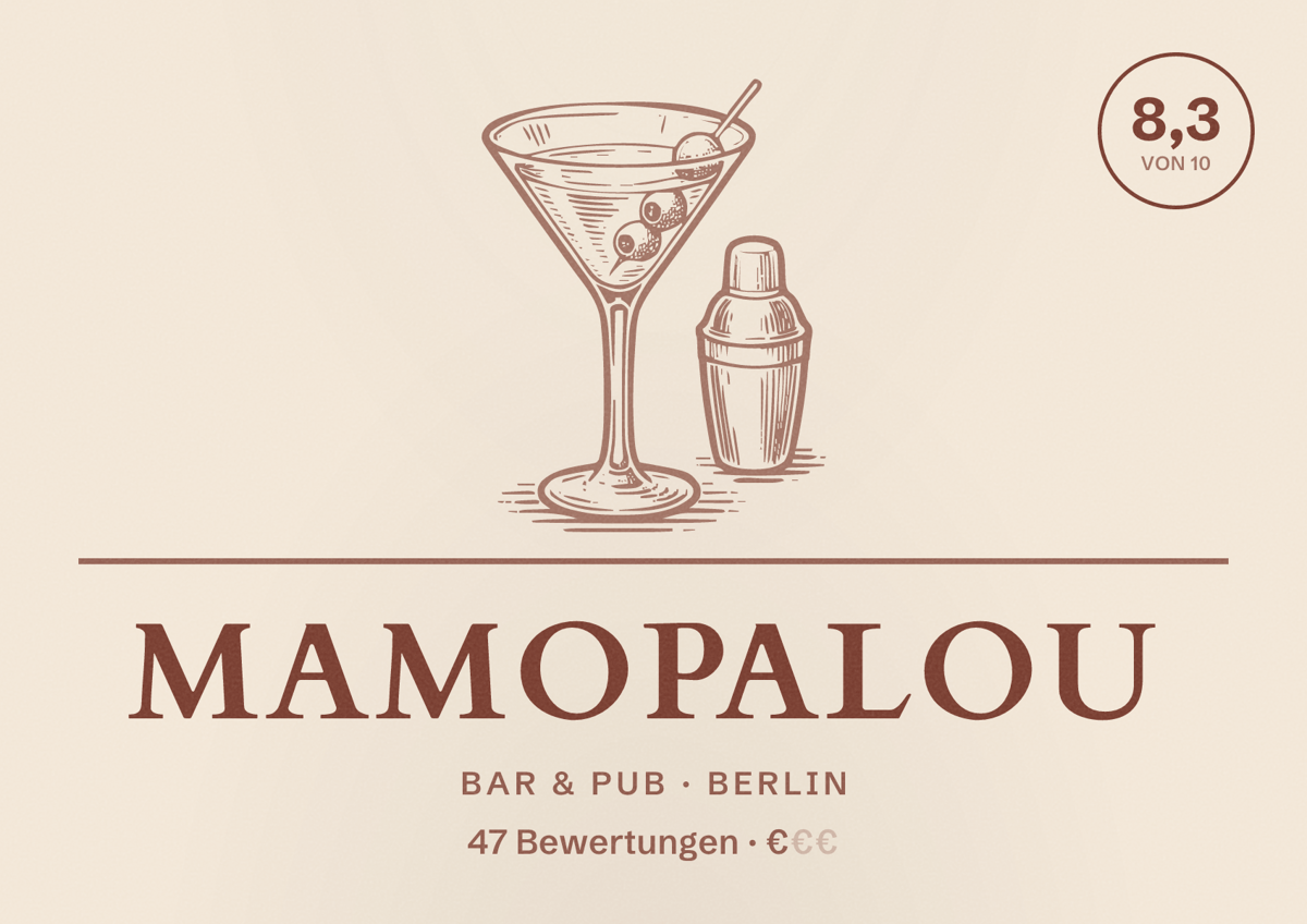 Illustriertes Poster von MaMoPaLou, Bar & Pub in Berlin: Bewertung 8,3 von 10 aus 47 Bewertungen, Preisniveau €