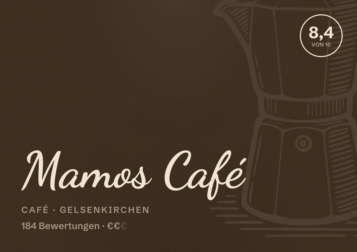 Illustriertes Poster von Mamos Café, Café in Gelsenkirchen: Bewertung 8,4 von 10 aus 184 Bewertungen, Preisniveau €€