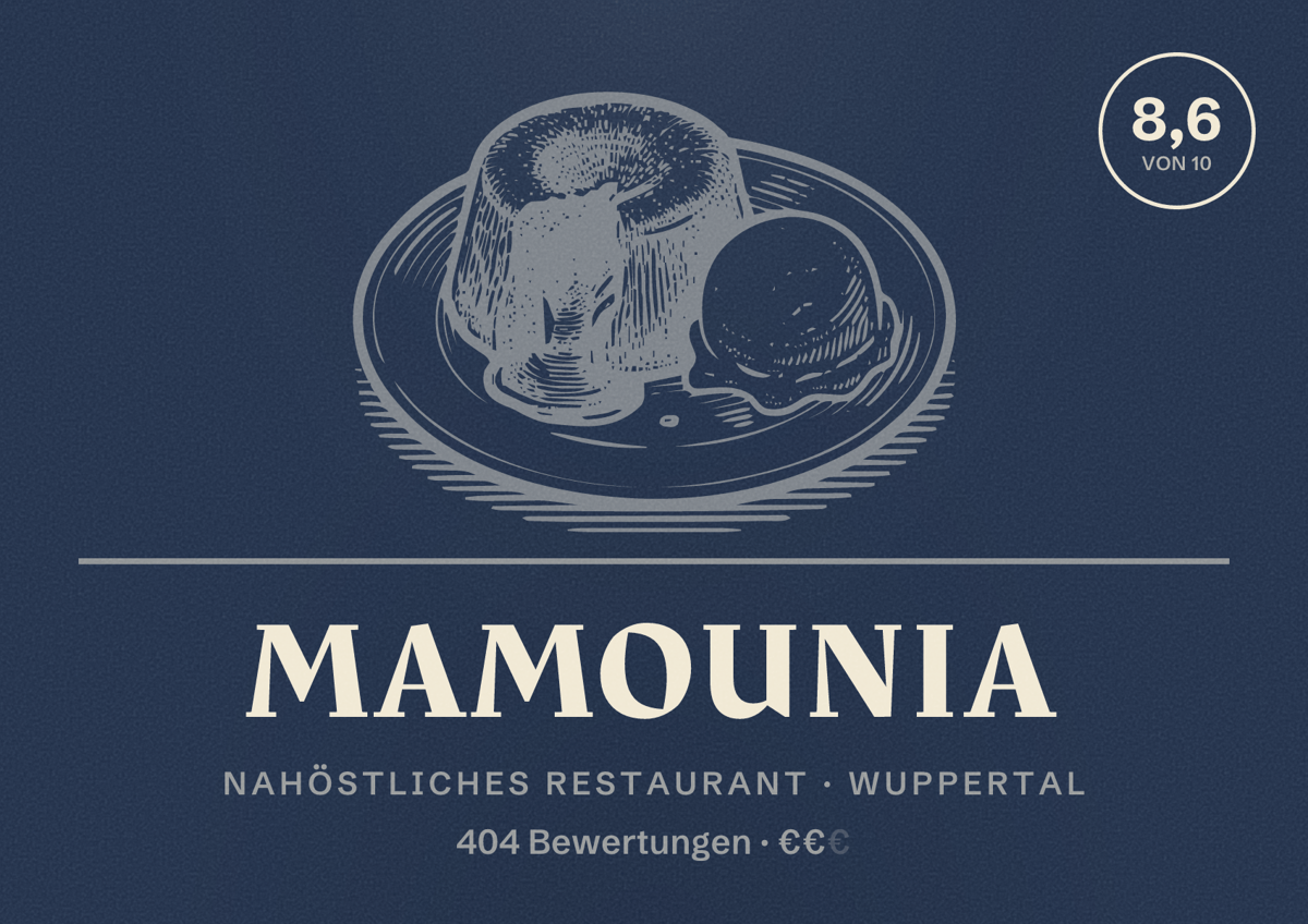 Illustriertes Poster von Mamounia, Nahöstliches Restaurant in Wuppertal: Bewertung 8,6 von 10 aus 404 Bewertungen, Preisniveau €€