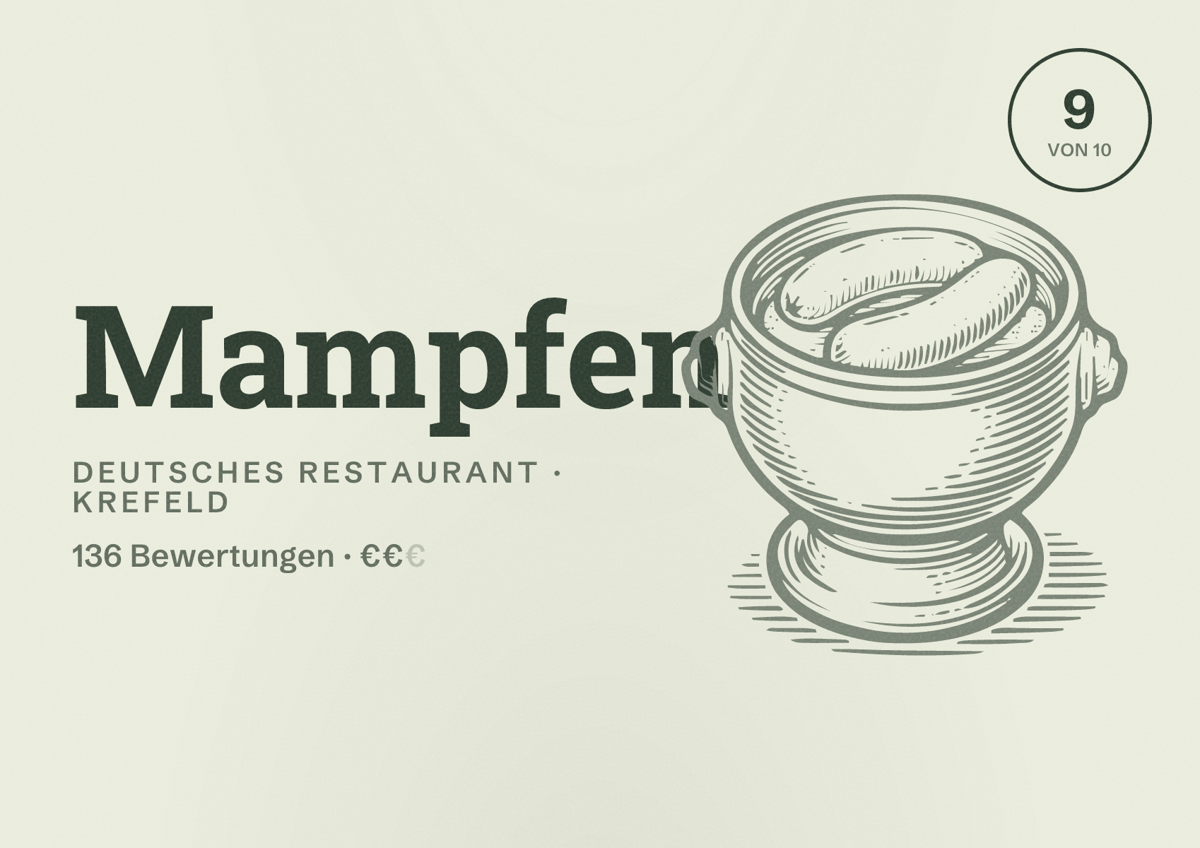 Illustriertes Poster von Mampfen, Deutsches Restaurant in Krefeld: Bewertung 9 von 10 aus 136 Bewertungen, Preisniveau €€
