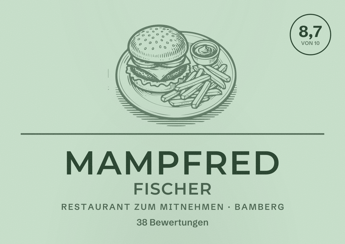 Illustriertes Poster von Mampfred Fischer, Restaurant zum Mitnehmen in Bamberg: Bewertung 8,7 von 10 aus 38 Bewertungen