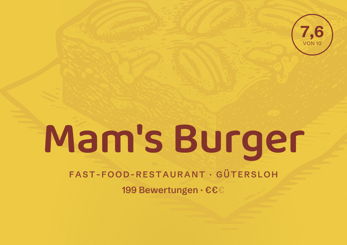 Illustriertes Poster von Mam's Burger, Fast-Food-Restaurant in Gütersloh: Bewertung 7,6 von 10 aus 199 Bewertungen, Preisniveau €€